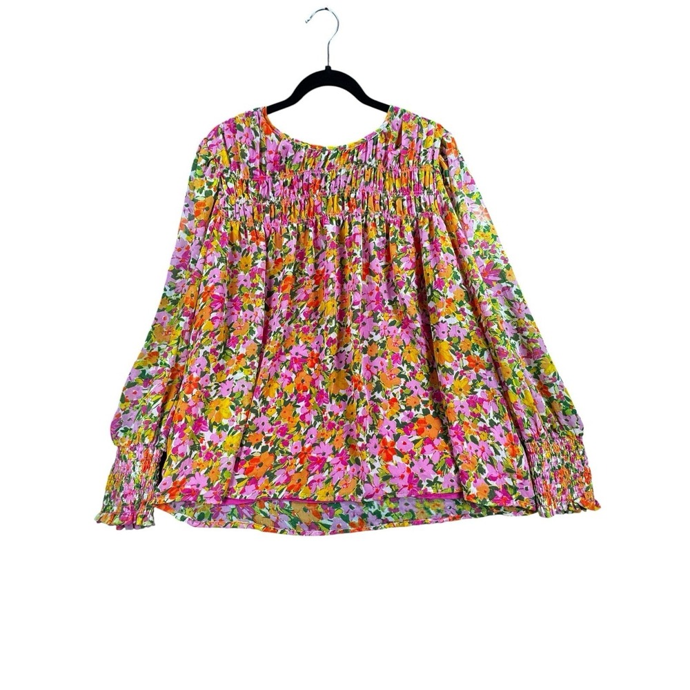Terra & Sky Floral Blouse Women's 0X 14W Pink Orange Smocked Peasant Top Plus